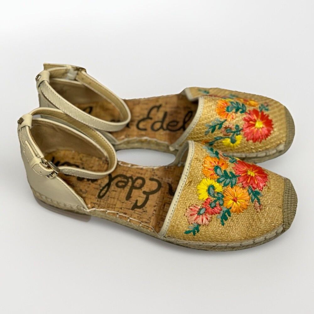 Sam Edelman Jamie 2 Espadrille Flats 8M Floral Embroidered Raffia - Picture 2 of 12